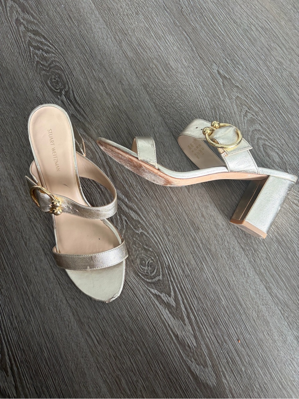 Stuart Weitzman Champagne Metallic Block Heel‎ Sandals with Gold Buckle